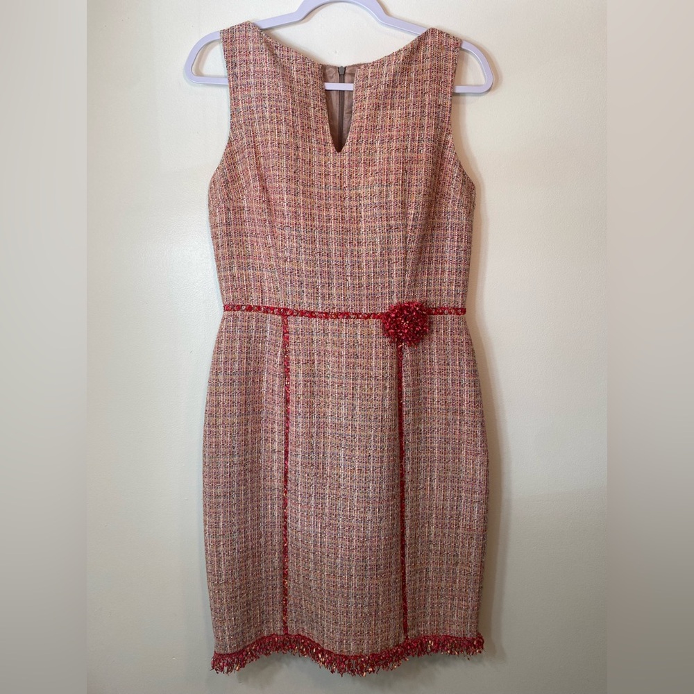 David Meister Boucle Tweed V-Neck Dress Sz 6 Pink